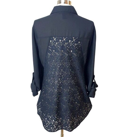 Riley+James Womens Plus Lace Back Button-Down Shirt 18/20W Black Chic Office Y2K - Picture 3 of 7